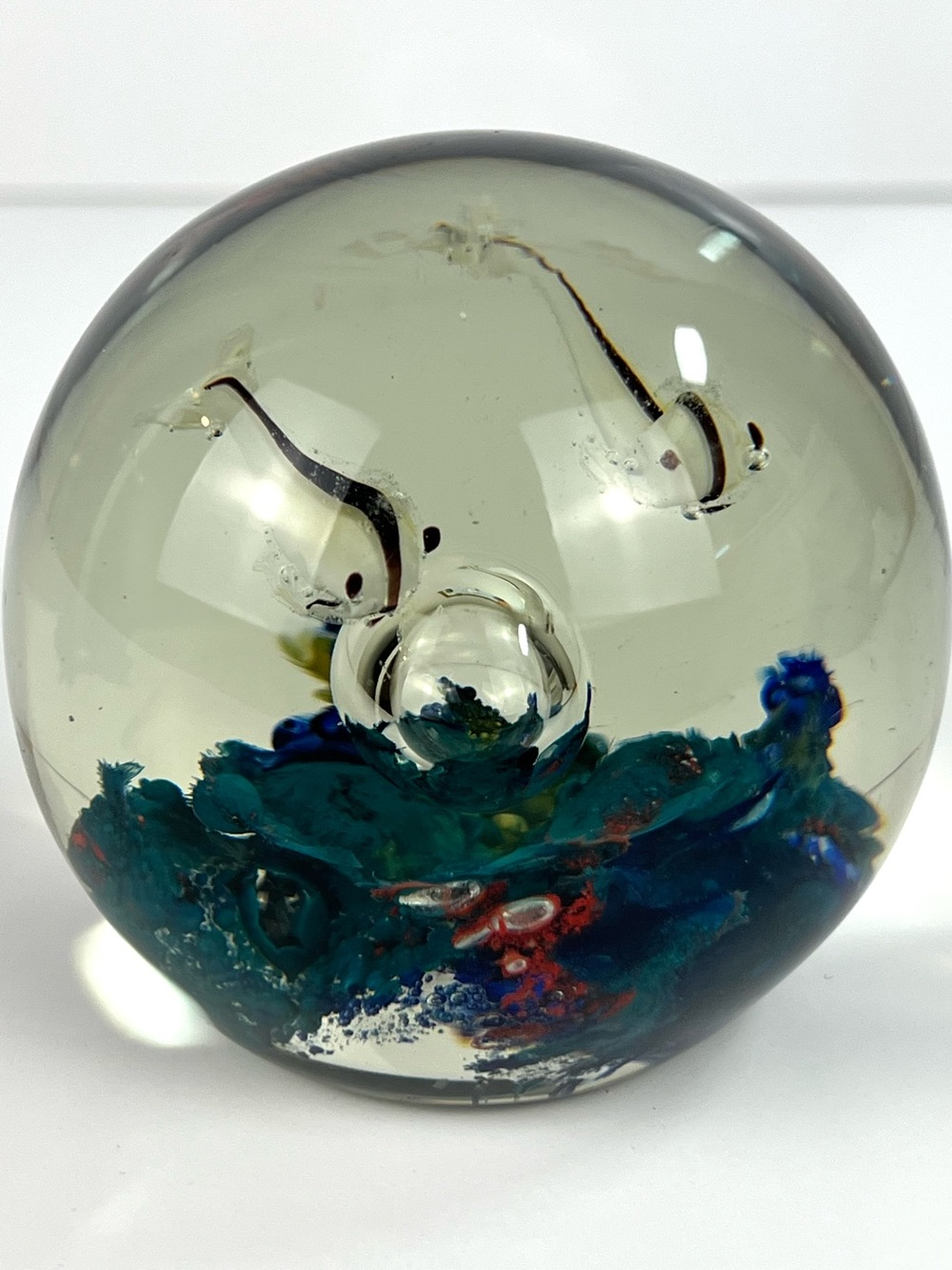 Murano Style Fish and Coral Clear Glass Paperweight “ diameter Ocean Life